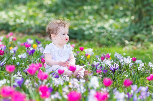 可爱的微笑宝宝玩着初春的花朵