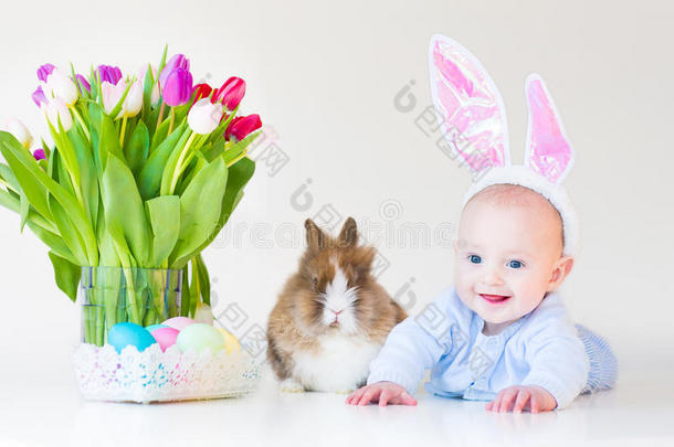 可爱的小男孩，兔子耳朵和真正的兔子