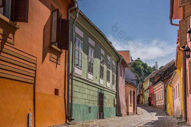 在Signisoara中心的一条街上，五颜六色的房子