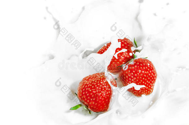 红色的草莓果实掉到乳汁里