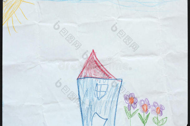 蓝色的<strong>房</strong>子和鲜花。孩子的画。