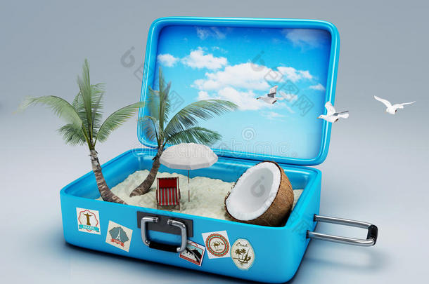 旅行箱。海滩度假