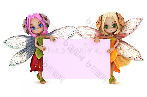 两个可爱的仙女拿着一张空白的粉色广告卡