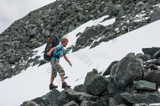 阿尔泰山落矶山，背包客路过雪原