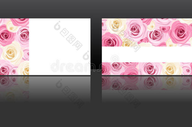 粉色和白色玫瑰图案的名片。矢量eps-10。