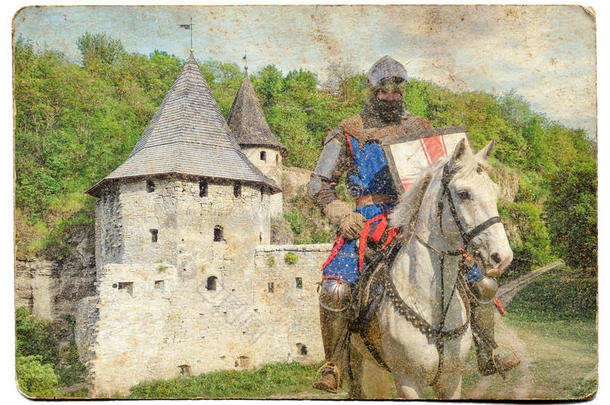 战马上的装甲骑士-复古明信片
