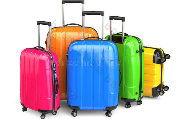 行李。白色背景的彩色行李箱。
