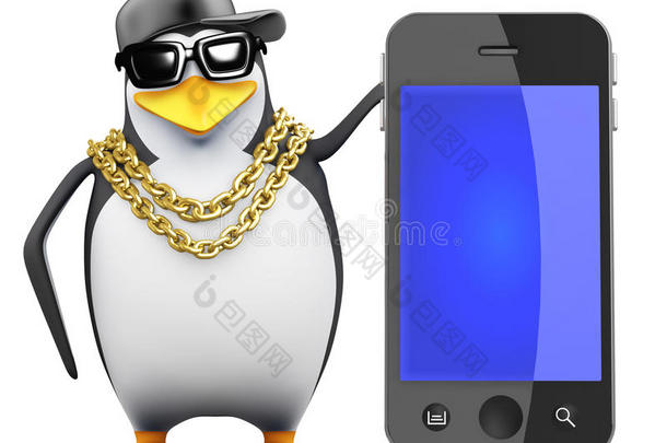 带智能手机的3d说唱歌手企鹅