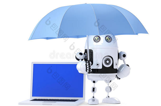 安卓机器人，带笔记本<strong>电脑</strong>和雨伞。安全概念。孤立的。包含整个<strong>场景</strong>和笔记本<strong>电脑</strong>屏幕的剪辑路径