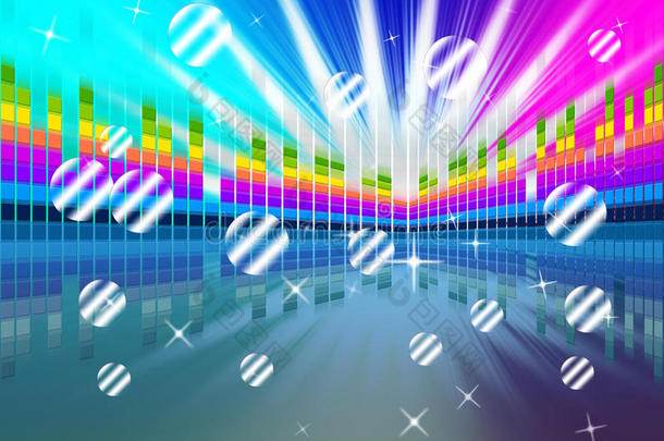 五颜六色的声波回荡意味着音乐的闪耀和派对