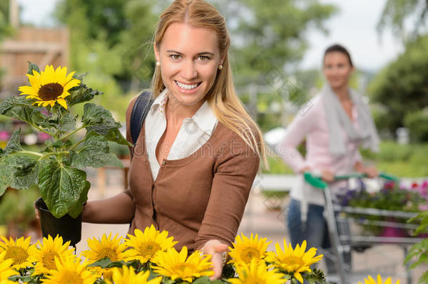 微笑的女人抱着盆栽向日葵园中心