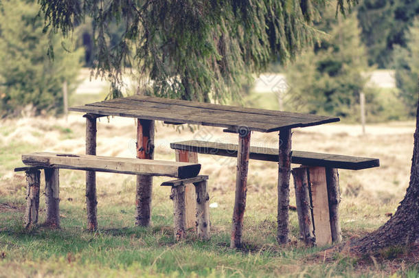 一张古朴的木制长凳和野餐桌的复古照片