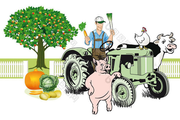 农民和他的动物一起坐拖拉机
