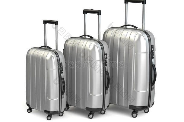 行李。白色背景的铝制行李箱。