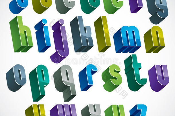 三维彩色字母字母表，蓝色和绿色的尺寸字体