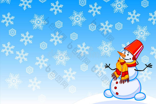 冬天的卡通画雪人和雪花。
