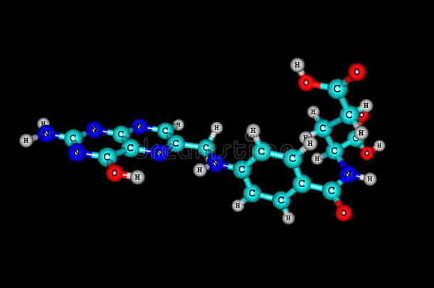 叶酸(维生素m，维生素b9)分子结构在黑色背景上