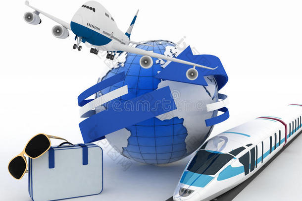 3d行李箱、飞机、火车和<strong>地球</strong>仪