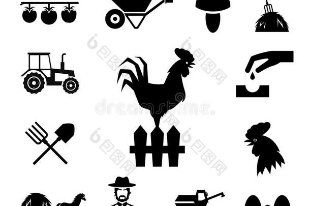围绕着农场主题图标的篱笆上的公鸡