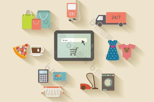网络购物，电子商务概念。图标集