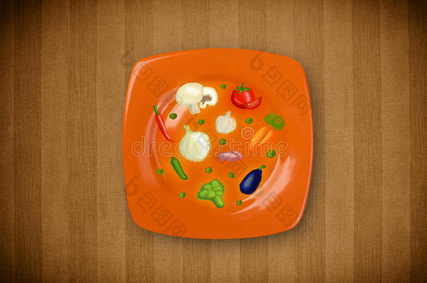 有手绘图标、符号、蔬菜的彩色盘子
