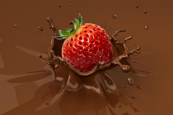 草莓掉入巧克力液体飞溅。