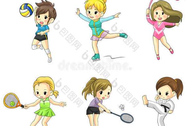 卡通运动员女孩图标在各种类型的spor