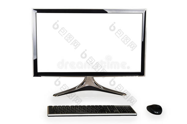 带白色空白屏幕和键盘鼠标的台式计算机