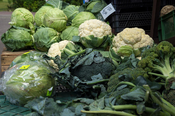 市场上有卷心菜、花椰菜和花椰菜。
