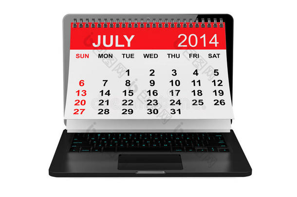 笔记本电脑屏幕上的七月日历