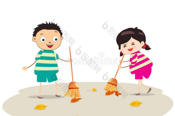 小女孩和男孩扫地