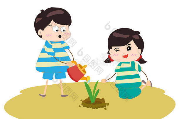 两个快乐的孩子在浇水和种植植物