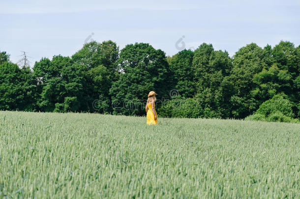 穿黄衣服的农妇走在麦田里