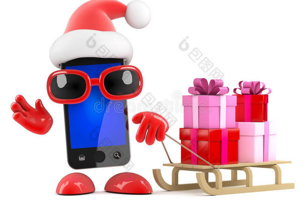 3d圣诞老人智能手机有一个装满圣诞礼物的雪橇