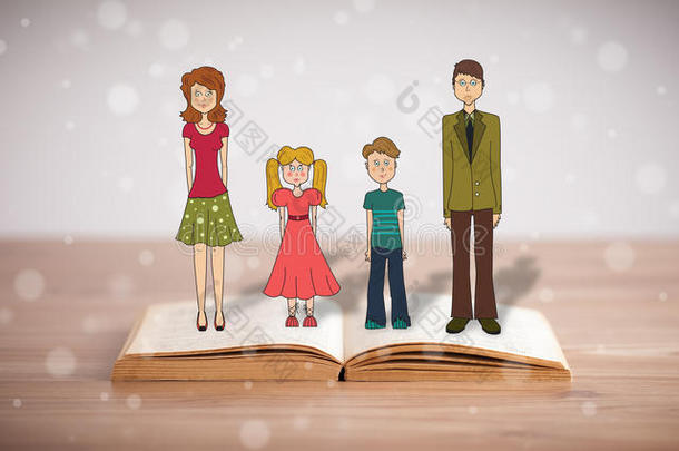 翻开的书上画着一个幸福的家庭
