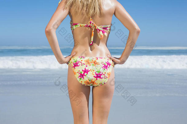 海滩上穿着花朵比基尼的修身女人的后视图