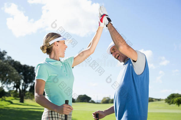 高尔夫夫妇在高尔夫球场上<strong>高举</strong>