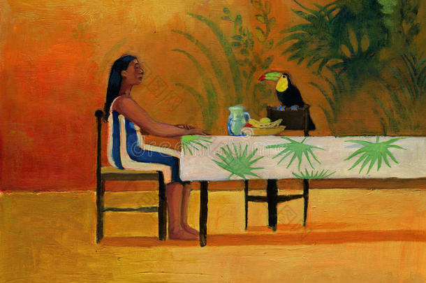 一个女人和一只巨嘴鸟坐在桌旁