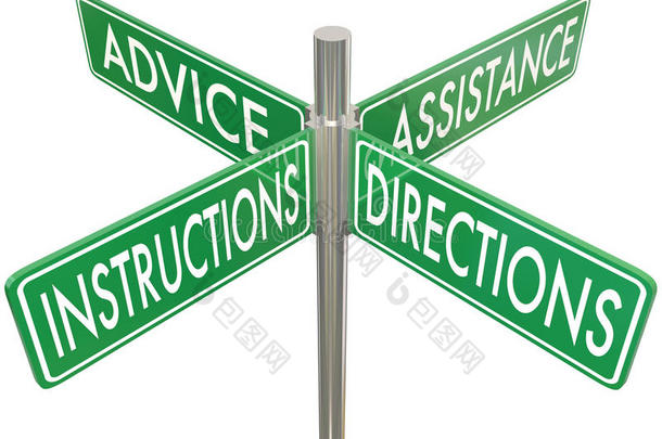 指示、指示、建议和帮助四个四向交叉路口路标