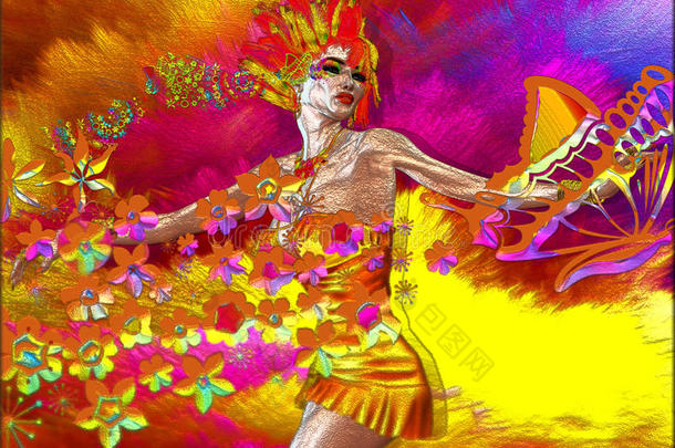 彩色抽象的女人与花和蝴蝶。