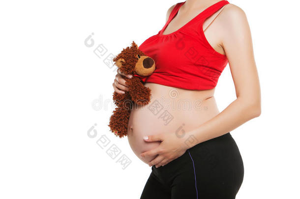 怀抱泰迪熊的孕妇。隔离开