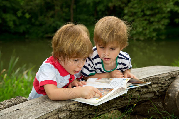 可爱的双胞胎兄弟看着并指着书中在美丽的湖边非常有趣的图片