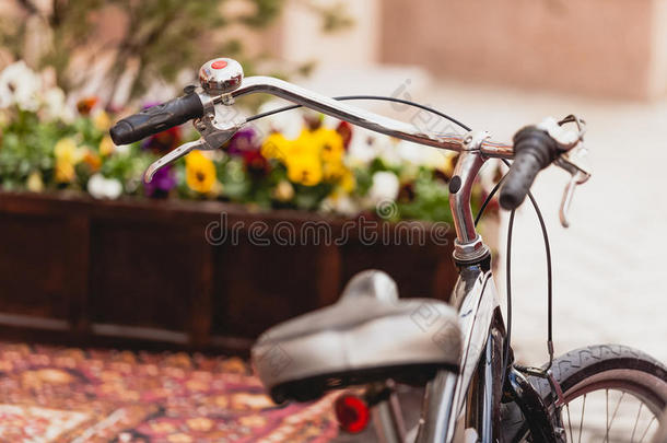 紫罗兰花坛上的复古自行车色调照片
