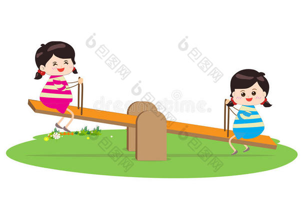 两个女孩在玩跷跷板