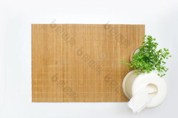 一个小植物和一个纸巾盒的竹席