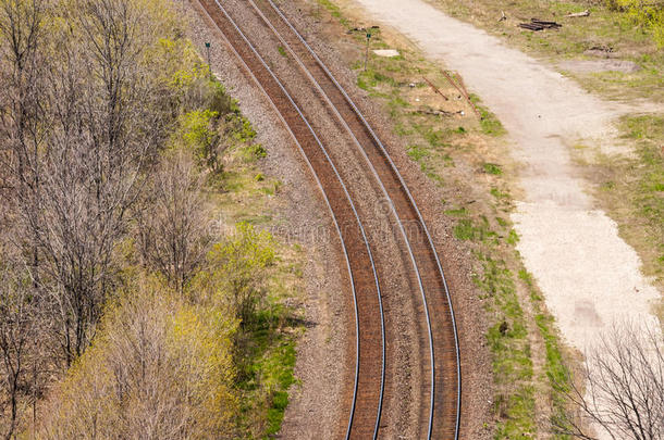 森林附近的一对弯弯曲曲的火车轨道。
