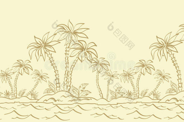 无缝图案，带棕榈轮廓的岛屿