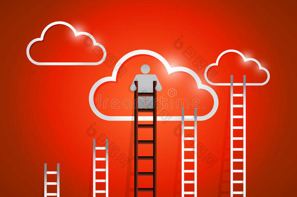 云和梯子。红色。插画设计