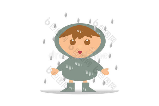 雨中穿雨衣的小孩