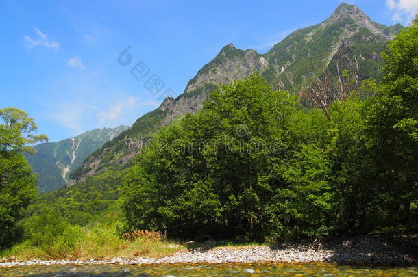 日本长野kamikochi的azusa河和hotaka山脉